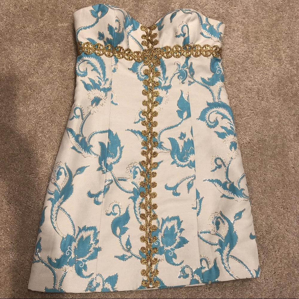Tibi Strapless blue and white dress. Size 6